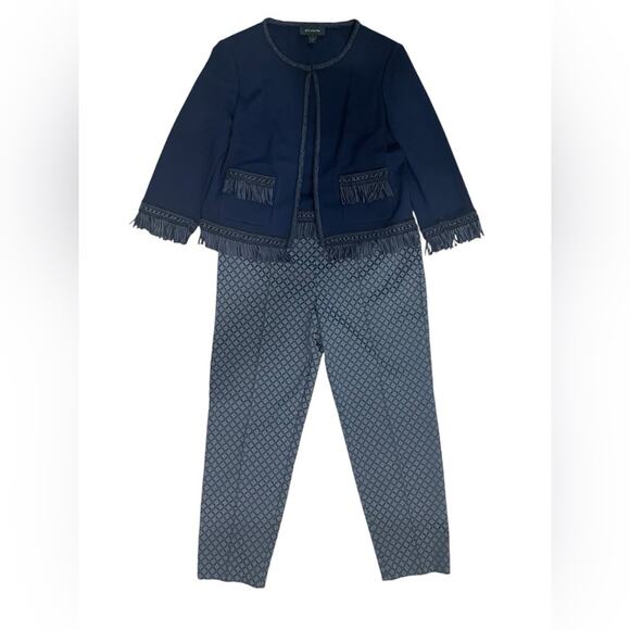 St. John Navy Wool Fringe 3/4 Sleeve Blazer (Sz 10) and Pant (Sz 12) Set - Picture 1 of 15